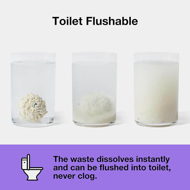 100% flushable. Like, dissolves in water flushable